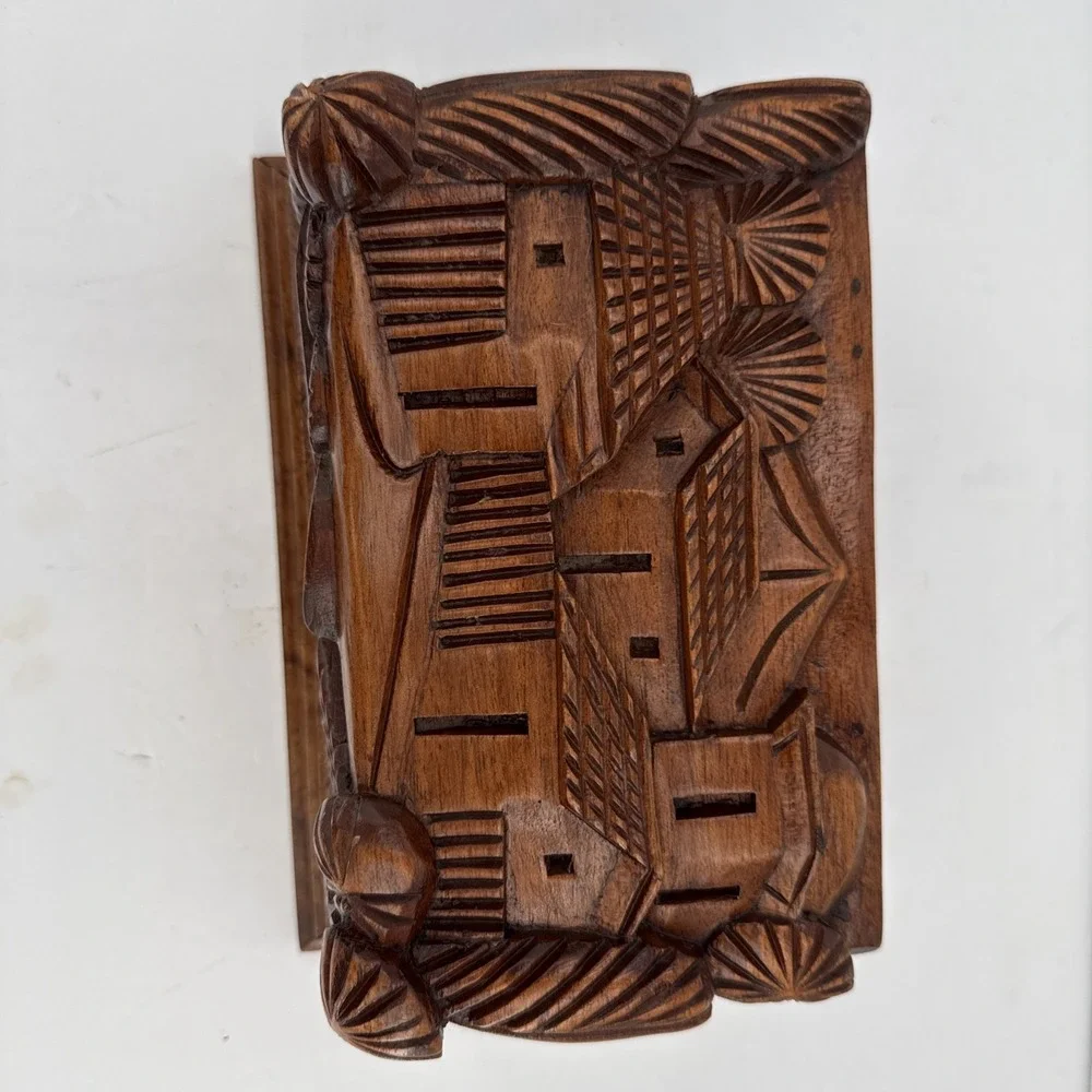 Vintage Hand Carved Folk Art Wooden Jewelry Trinket Box Red Velvet Lined